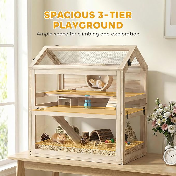 PawHut Wooden Hamster Cage, 3-Tier Small Animal Cage with Hut, Seesaw, Ramps, Exercise Wheel, Acrylic Panel and Bottom Tray, Dwarf Hamster Habitat for Small Geibil, Mice, 30" x 18" x 30"