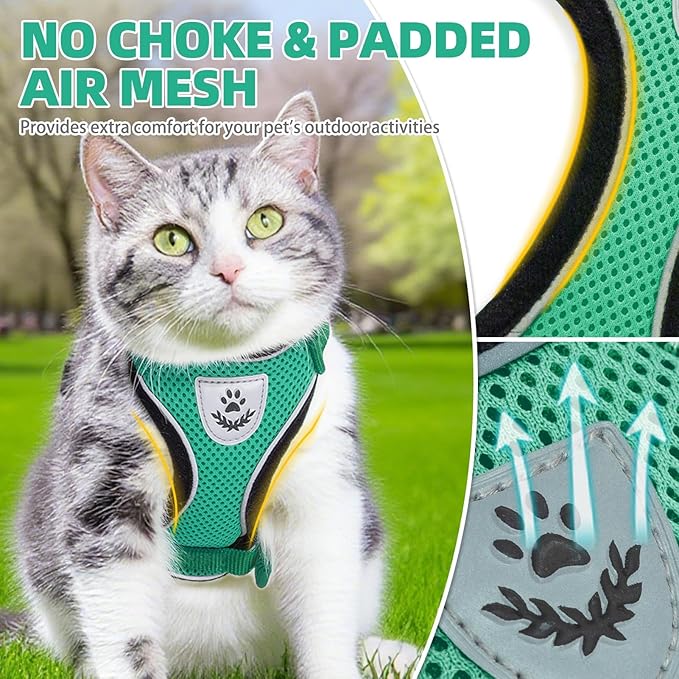 PUPTECK Cat Harness and Leash Set Escape Proof Reflective Cat Walking Harness Adjustable Soft Breathable Mesh Vest for Small Pets, Dark Green, XS
