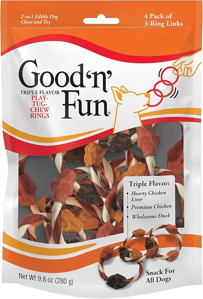 Good'n'Fun Good ’n’ Fun Triple Flavor Play-Tug-Chew Rings 4 Count, Snack for All Dogs (1 case of 12 Individual Packs)