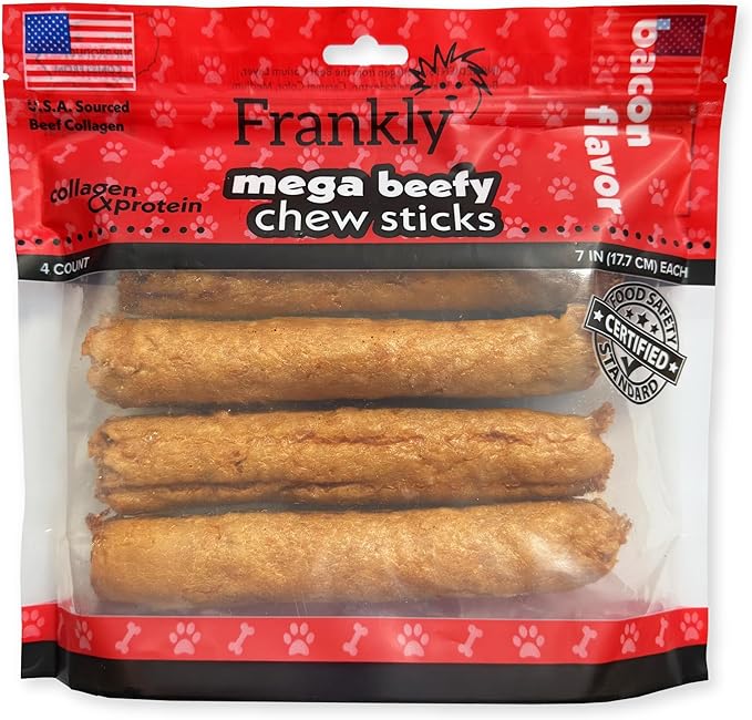 Frankly Pet Original Bacon Flavored Mega Beefy Chew Sticks for Dogs - High Protein Collegen Packed - Healthy Dog Treat - Made in The U.S.A. - 4 Count 7" Stick (8869)