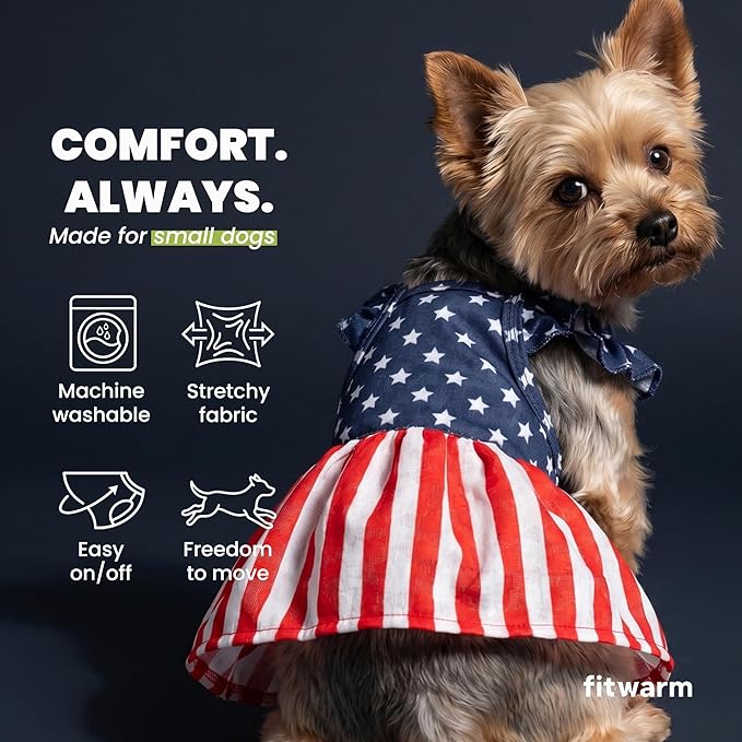 Fitwarm 4th of July Star Dog Dress, Patriotic Clothes for Small Dogs Girl, Festive Pet Outfit, Blue, Red, White, XS