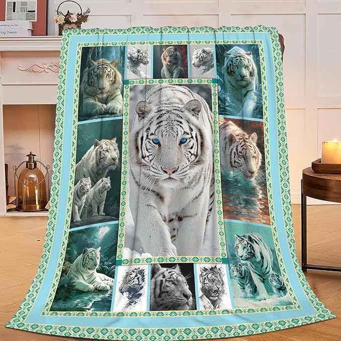 White Tiger Throw Blanket White Tiger Stuff Gifts for Kids Girls Boys Adults Women Men Soft Cozy Warm Plush Fluffy Fuzzy Fleece Blanket Decor 40''X50''