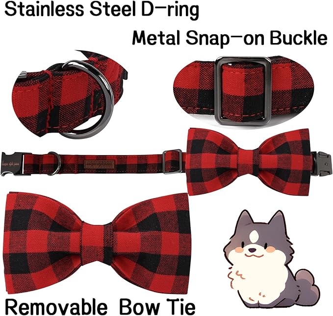 Unique style paws Cotton Dog Collar with Bow Puppy Collar with Black Red Plaid for Small Medium Large Boys Girls Dogs