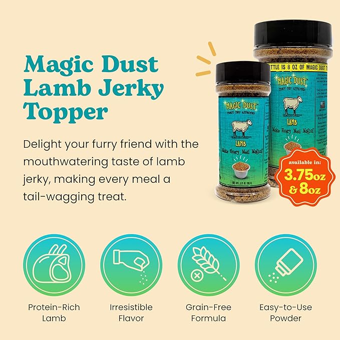 Wild Meadow Farms - Magic Dust Lamb Jerky Topper, Single Protein Pet Food Topper for Dogs and Cats, Enhance Flavor & Elevate Mealtime Excitement for Picky Eaters - 3.5 Ounce Bottle in Lamb Flavor