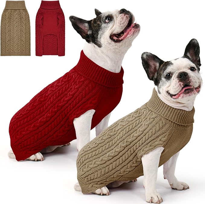 2 Pack Dog Sweaters for Medium Dogs Winter Turtleneck Pullover Cable Knit Fleece Stretch Frenchie Dachshund Pug Corgi Beagle Boy Girl Pet Clothes (L, Red & Brown)