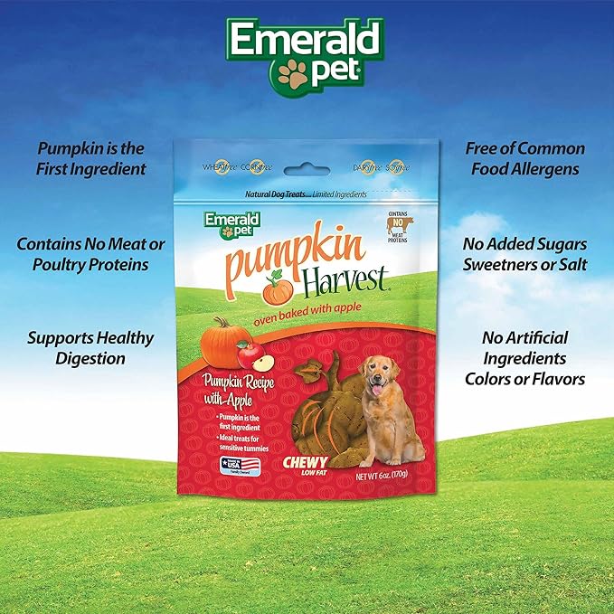 Emerald Pet Pumpkin Harvest Dog Treats — Low-Fat Chewy Natural Treats with Pumpkin for Digestive Health — Meat Free, Poultry Free, Wheat Free — Apple, 6 oz