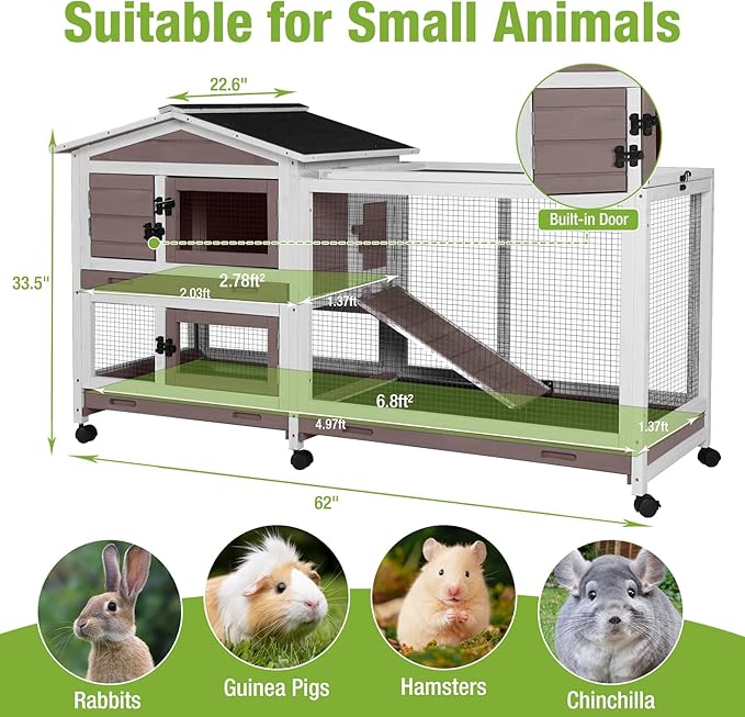 Rabbit Hutch Indoor Outdoor, 62" Wooden Rabbit Cage with 6 Lockable Wheels, Bunny Cage with Pull Out Trays, Waterproof Asphalt Roof, Small Animal House for Rabbits, Guinea Pigs, Chinchillas