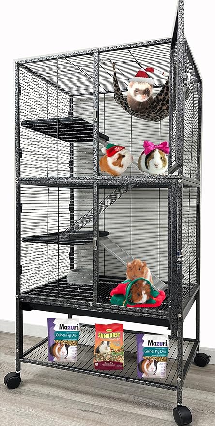 Deluxe Large Double Unit Two Story 4-Level Durable Front Doors Chew-Free Feisty Ferret Hammock Squirrel Chinchilla Small Animal Critter Wrought Iron Cage Tight 1/2-inch Bar Spacing Rolling Stand