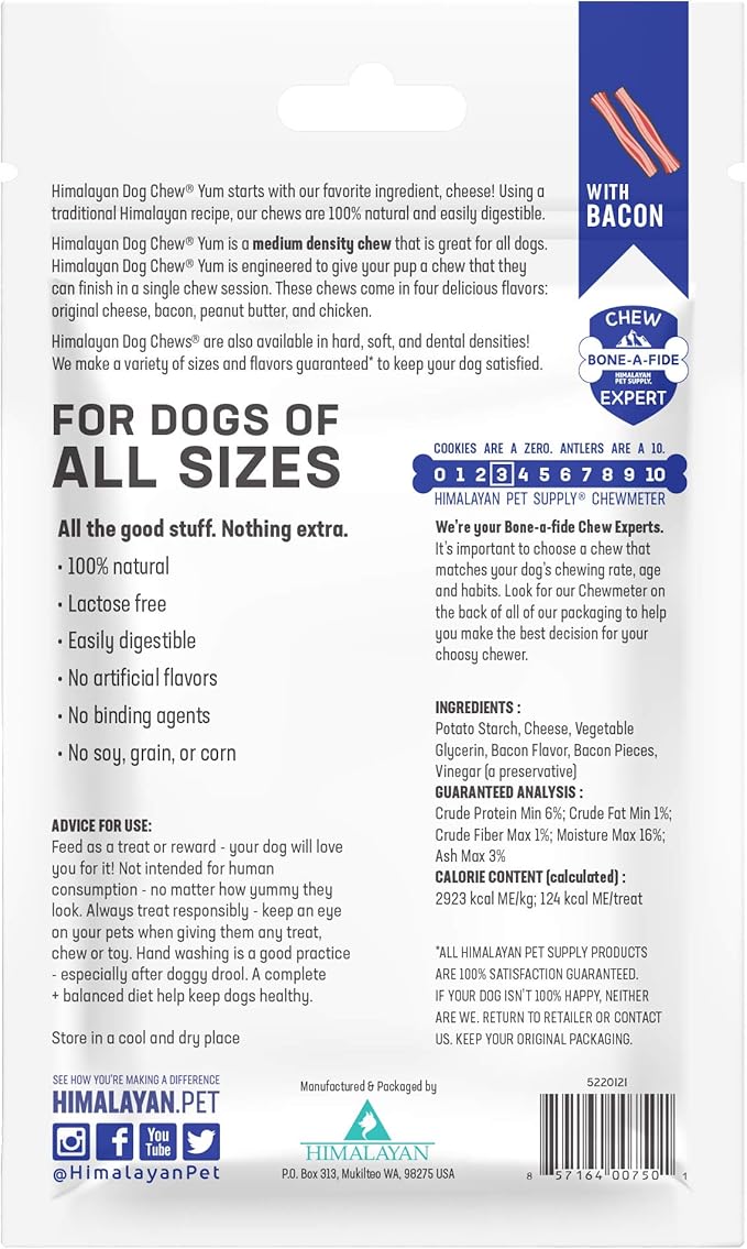 Himalayan Dog Chew Yak Cheese Dog Chews, Lactose Free & Grain Free, USA Made, For All Dog Breeds, Medium Density Cheese Chew, Resealable Pouch with 3 YUM Treats, Bacon Flavor