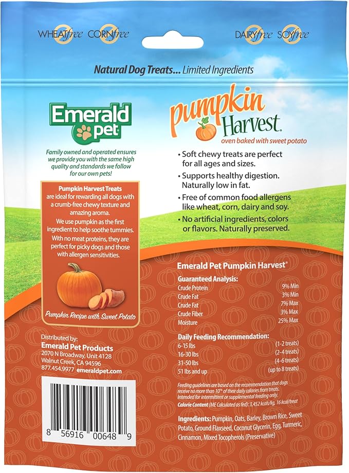 Emerald Pet Pumpkin Harvest Dog Treats - Low-Fat Chewy Natural Dog Treats with Pumpkin for Digestive Health - Meat Free, Wheat Free - Sweet Potato, 6 oz