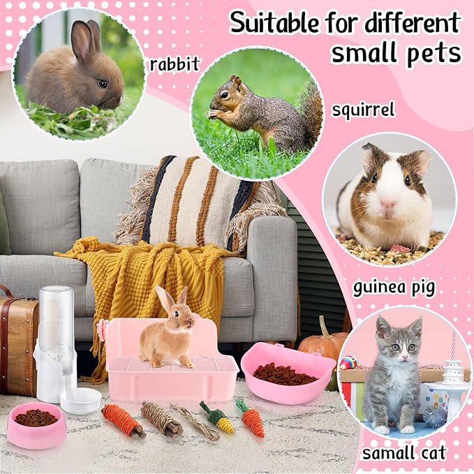 20 Pcs Rabbit Starter Kit Small Bunny Litter Box Animal Grooming Kit with Hanging Pet Bowls Water Bottle Bunny Toys Flannel Blankets with Cleaning Set for Guinea Pig Rabbit Accessories(Pink)