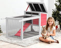TIMHAKA 2-Story Rabbit Hutch, Insulated Bunny Hutch w/Chew-Proof Ramp & Wheels, Indoor/Outdoor Bunny Cage w/Leak-Proof Trays and Openable Waterproof Roof for Guinea Pig, Pink