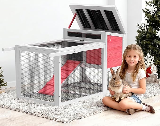 TIMHAKA 2-Story Rabbit Hutch, Insulated Bunny Hutch w/Chew-Proof Ramp & Wheels, Indoor/Outdoor Bunny Cage w/Leak-Proof Trays and Openable Waterproof Roof for Guinea Pig, Pink