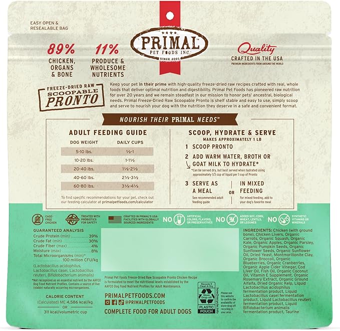 Primal Freeze Dried Dog Food, Pronto Mini Nuggets, Chicken;Scoop & Serve,Complete & Balanced Meal; Also Use As Topper or Treat; Premium, Healthy, Grain Free, High Protein Raw Dog Food 16 oz(Pack of 2)