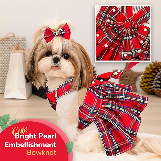 PETCARE Cute Dog Dress Clothes for Small Dogs Cats Girl Female Red Plaid Bow Tie Dog Harness Dresses Leash Set with Pearls Bow Accessories Birthday Puppy Dress Shih Tzu Yorkies Chihuahua Outfits