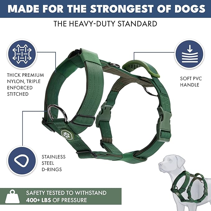 Spark Paws No Pull Dog Harness with Handle for Large Dogs, Heavy Duty Dog Harness for Big Strong Breeds, Adjustable, Y Shaped Padded Halter Design with Front Clip - Army Green - L