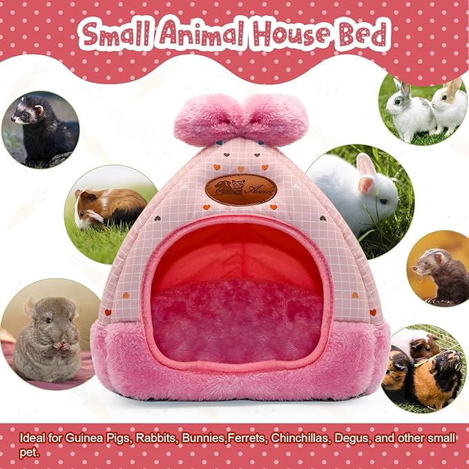 YUEPET Bunny Bed Warm Guinea Pig Cave Beds Cute Bowknot House Big Hideouts Cage Accessorie for Dwarf Rabbits Hamster Bunny Ferrets Rats Hedgehogs Chinchilla (Pink Grid)