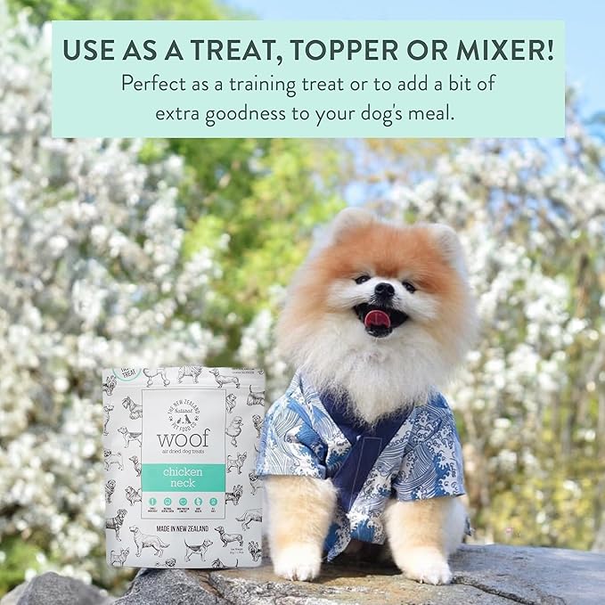 The New Zealand Natural Pet Food Co. - Air Dried WOOF Chicken Neck Treat - Mixer, or Topper - Air Dried, High Protein,Natural, Single Ingredient - 1.76oz
