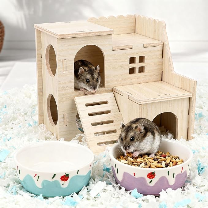 Wontee Hamster Food Bowl 2 Pack Ceramic Food Water Bowl Anti-Tipping for Dwarf Hamsters Gerbil Mice Hedgehog Guinea Pig (Blue+Purple)