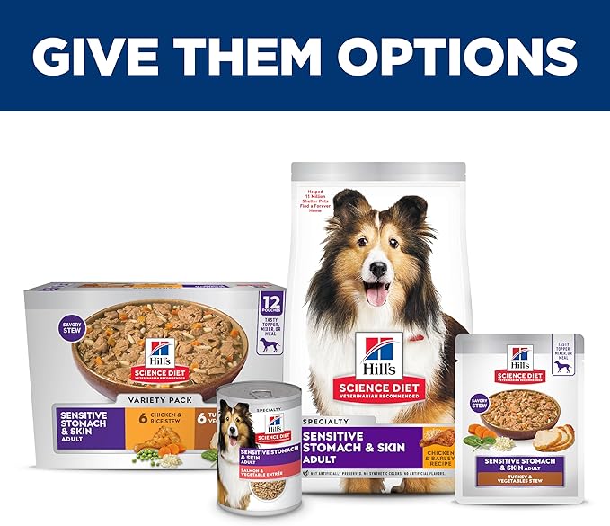 Hill's Science Diet Sensitive Stomach & Skin, Adult 1-6, Stomach & Skin Sensitivity Support, Wet Dog Food, Variety Pack: Chicken, Turkey Stew, 2.8 oz Pouch, Case of 12