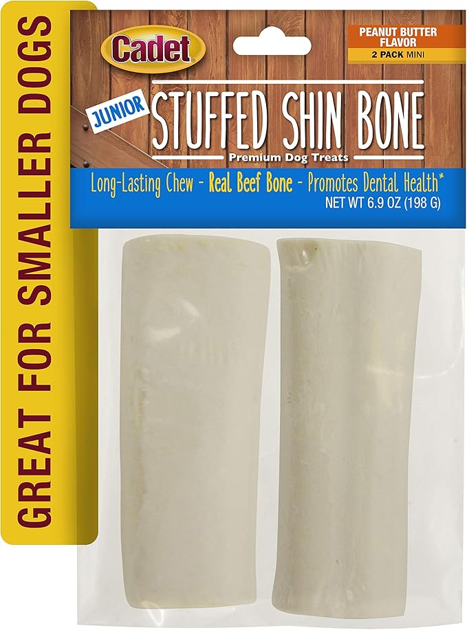 Cadet Junior Stuffed Shin Bones - Highly Digestible, High Protein, Long-Lasting Dog Chew Bone for Aggressive Chewers, Supports Dental Health, - Peanut Butter Flavor, Mini (2 Count)