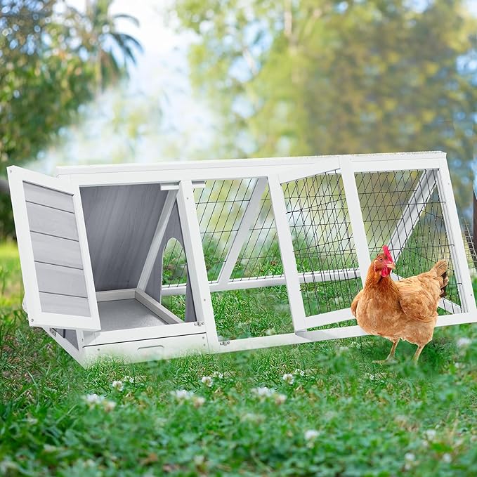 Small Chicken Coop, Wooden Chicken Coop for 2 Chickens Outdoor A-Frame Quail Coop Bunny Hutch with 3 Doors,Pull-Out-Tray&Ventilating Wire Fence for Small Animals(Grey)