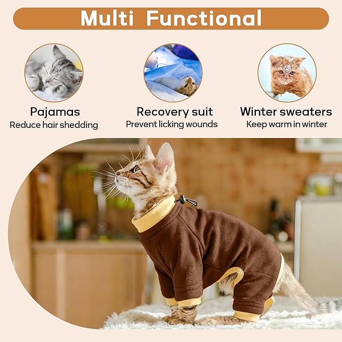 PUMYPOREITY Cat Hair Sticky Sweater, Recovery Suit - Breathable & Lightweight for Post-Surgery Protection, Cat Onsie Prevents Licking Wounds, Brown, 2XL