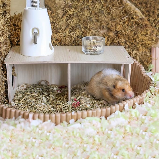 Hamster Peep Tunnel, 2-Chamber Wooden Hamster Hideout, Water-Resistant Platform for Syrian Hamsters and Small Pets, 11" x 5.3" x 4.3"