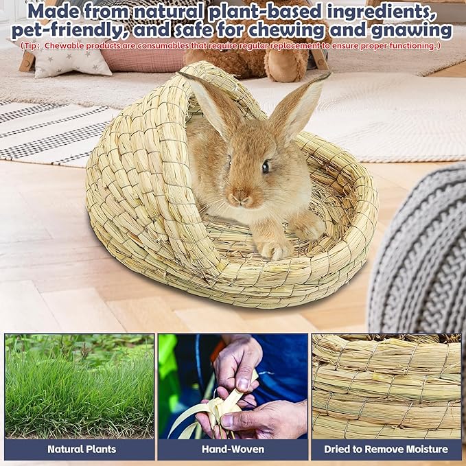 kathson Rabbit Grass House Bunny Woven Hay Bed Guinea Pig Hideout Hand Woven Natural Grass House for Hamster and Small Animals with Hay Chew Balls Toys