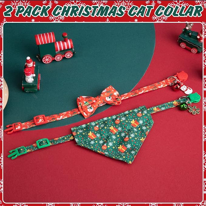 EXPAWLORER Christmas Cat Collar Breakaway with Removable Bowtie and Bandana, Adjustable Holiday Cute Kitten Collar with Bell, Ideal Festival Xmas Decoration Gift for Girl Boy Cats Puppies, 2 Pack