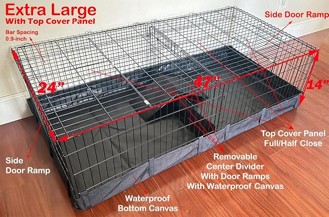 47" X-Large Sturdy Home for Guinea Pig Habitat Hamster Critters Turtle Dwarf Bunny Enclosure Hinged TOP Cover Panel Center Divider Access Door Ramp Mouse Mice Playpen Washable PVC Canvas Bottom