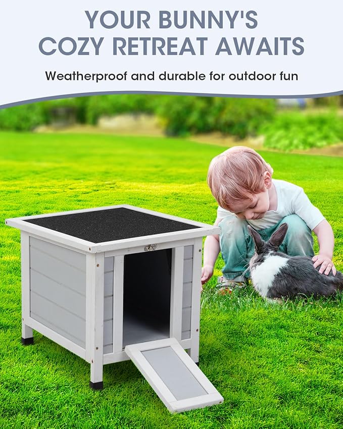 SANDINRAYLI Outdoor Cat House Weatherproof, Wooden Rabbit Hutch Bunny Cage Chicken Coops Shelter with Elevated Floor for Feral Cat/Bunny/Guinea Pig/Duck, Grey