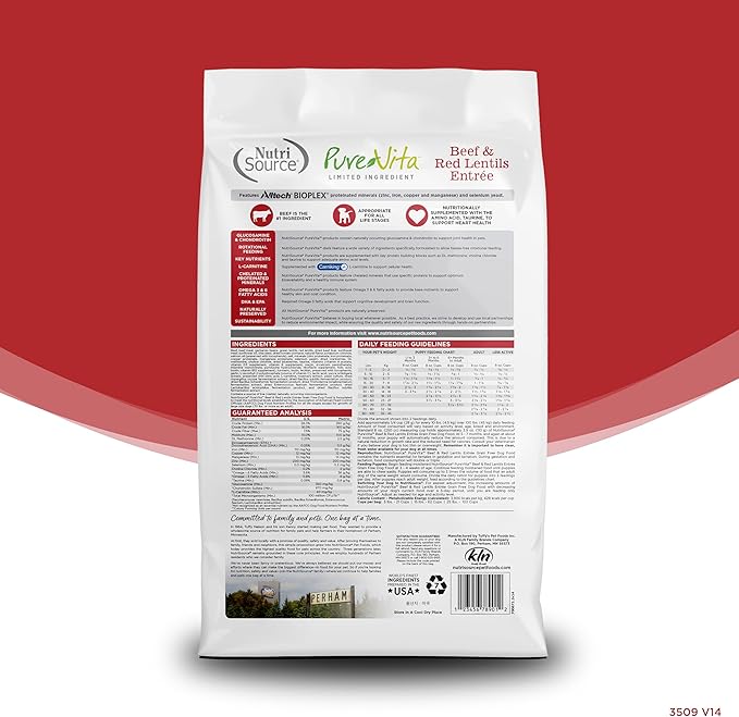 NutriSource Pure Vita Limited Ingredient Grain Free Dry Dog Food, Beef and Red Lentils, 12LB