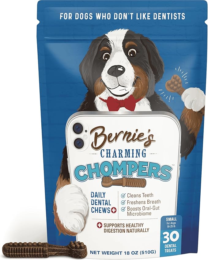 Bernie's Charming Chompers - Daily Dental Chews for Dogs 15-25 Lbs. - 30 Count - Cleans Teeth, Freshens Breath, + Boosts Oral-Gut Microbiome. Easy to Digest, Supports Healthy Digestion Naturally
