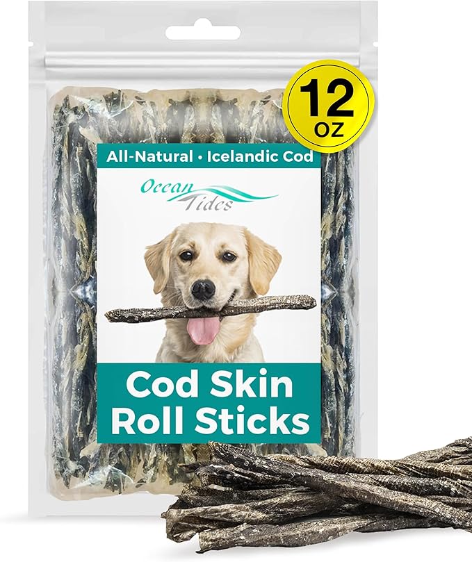 Ocean Tides Cod Skins for Dogs and Cats 12 Oz - Icelandic Atlantic Fish Skin Treats, Dried Lean Crunch Sticks Chews, Single Ingredient Healthy Treat for Dogs, Crunch Fish Sticks for Puppies and Cats