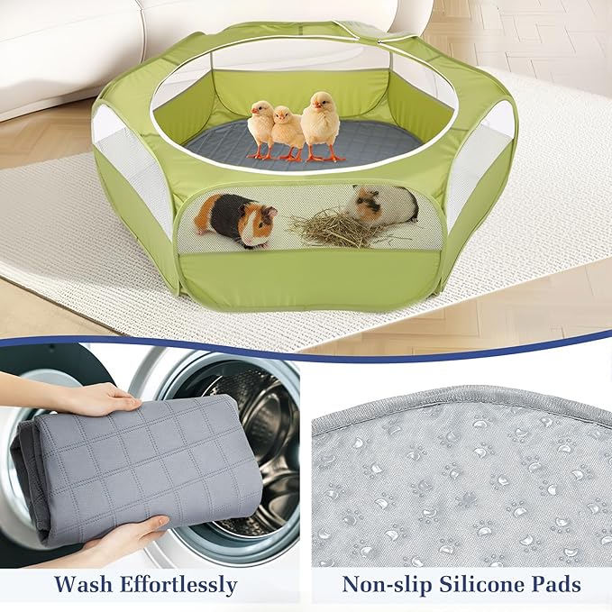 2-in-1 Small Animals Playpen with Pad, Waterproof Small Pet Cage Tent with Reusable Pad, Portable Outdoor Yard Fence with 3 Metal Rod for Chick/Kitten/Puppy/Guinea Pig/Rabbits/Chinchillas, Green+Gray