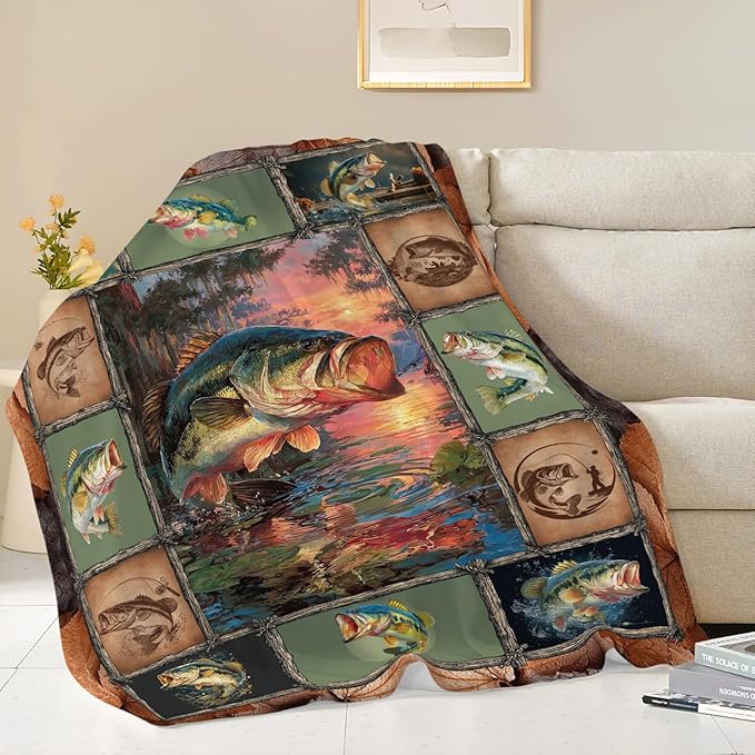 Fish Throw Blanket Fishing Stuff Gifts for Kids Girls Boys Adults Women Men Soft Cozy Warm Plush Fluffy Fuzzy Fleece Blanket Decor 50''X60''