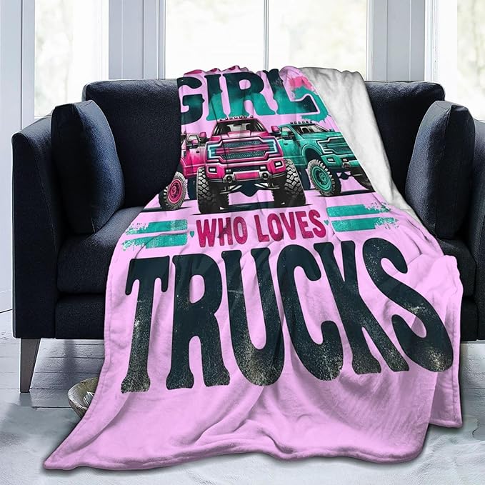 SweetFox Just A Girl Who Loves Trucks Blanket, Truck Decor Throw Blanket Gifts for Girls Boys Lovers Super Warm Soft Plush Fleece Flannel Winter Bedding Blankets for Kids Adults Men Women 80"X60"