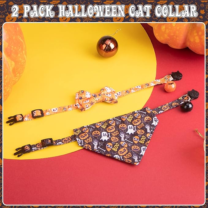 EXPAWLORER Halloween Cat Collar Breakaway with Removable Bowtie and Bandana, Adjustable Holiday Cute Kitten Collar with Pumpkin Bell, Ideal Festival Decoration Gift for Cats Puppies, 2 Pack