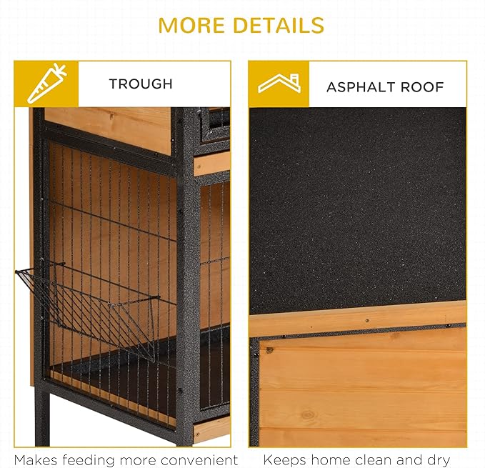 PawHut 48" 2-Story Large Rabbit Hutch Bunny Cage Wooden Pet House Metal Frame with Rooms, Ramp, No Leak Tray, Feeding Trough, Waterproof Asphalt Roof for Rabbits, Chickens, Ducks, Outdoor/Indoor