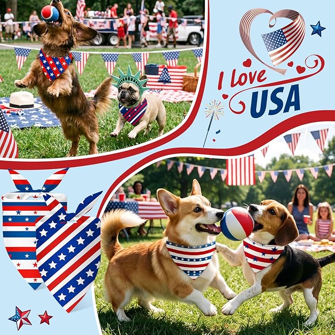 Weewooday 50 Pcs 4th of July Dog Bandanas Bulk for Patriotic American Striped Star Red White and Blue Independence Day Flag Scarf for Small Medium Large Outfit(Striped Star, 19.7 x 13.8 x 13.8 Inch)