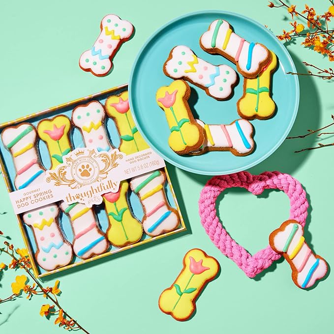 Thoughtfully Pets, Gourmet Dog Cookie Gift Set, Peanut Butter Flavored Crunchy Dog Treats in Bone Shape with Easter Spring Designs, Set of 8