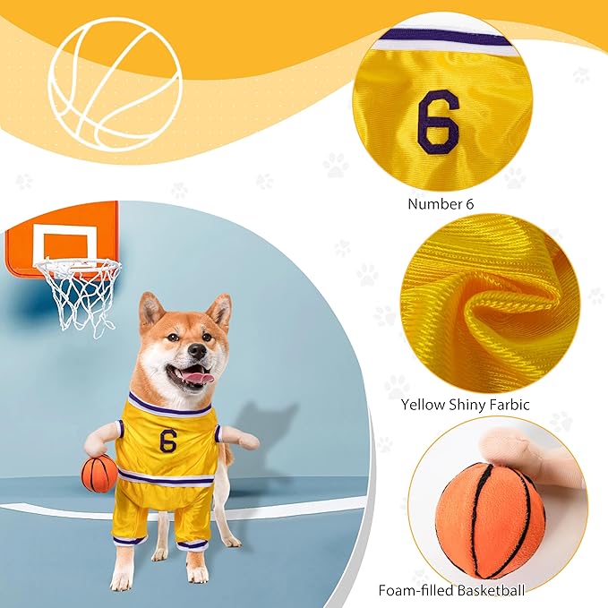 DELIFUR Dog Basketball Player Costume - Pet Halloween Costume Adjustable Funny Dress Up Sports Outfit Cosplay Clothes for Small Medium Dog (Yellow Basketball, Small)