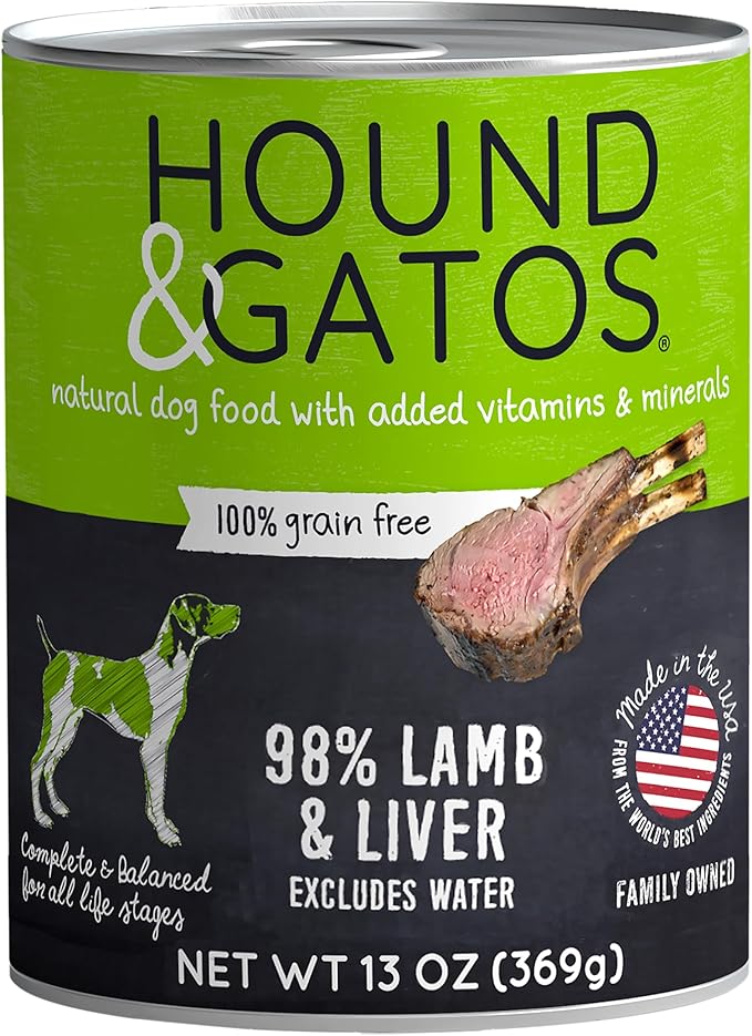 Hound & Gatos Wet Dog Food, 98% Real Meat, Single Protein Lamb Recipe, High Protein, Supports Digestive Health, Limited Ingredients, Grain Free, 13 oz. Cans (Pack of 12)