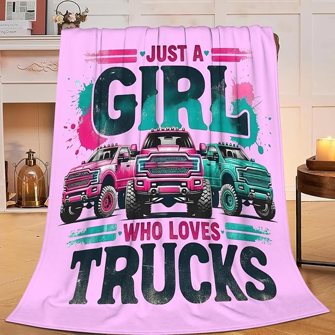 SweetFox Just A Girl Who Loves Trucks Blanket, Truck Decor Throw Blanket Gifts for Girls Boys Lovers Super Warm Soft Plush Fleece Flannel Winter Bedding Blankets for Kids Adults Men Women 50"X40"