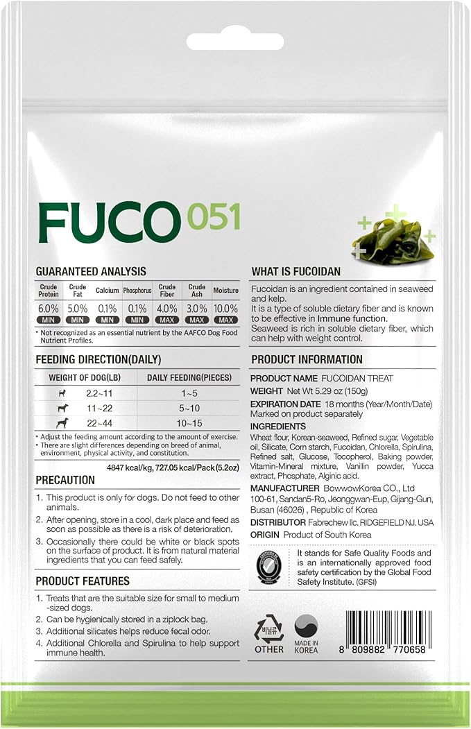 Fuco 051 Fucoidan Treat for Dogs – Immune & Digestive Health, Stool & Odor Support, Antioxidant, Superfood with Spirulina & Kelp, 5.29 oz (150g)