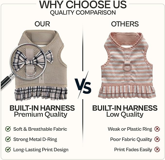 Parisian Pet Plaid Khaki Dog Harness Dress - Breathable No Pull Puppy Dress with Leash Ring - 100% Mesh Fabric Harnesses for Dogs - Soft Padded Step in Pet Vest - Dog Harness Medium Sized Dogs
