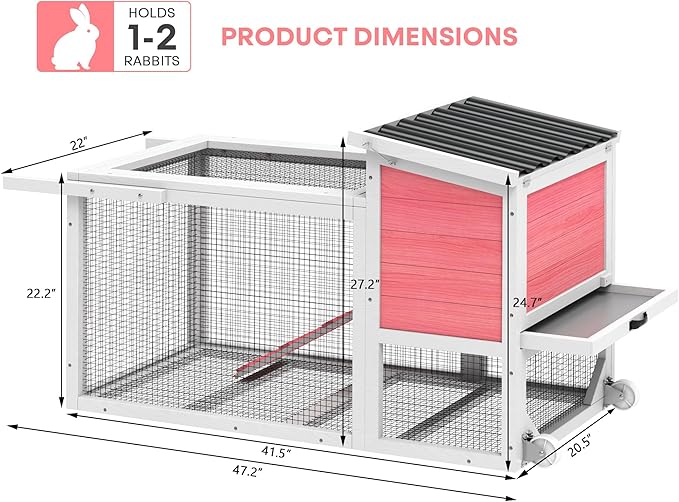 TIMHAKA 2-Story Rabbit Hutch, Insulated Bunny Hutch w/Chew-Proof Ramp & Wheels, Indoor/Outdoor Bunny Cage w/Leak-Proof Trays and Openable Waterproof Roof for Guinea Pig, Pink