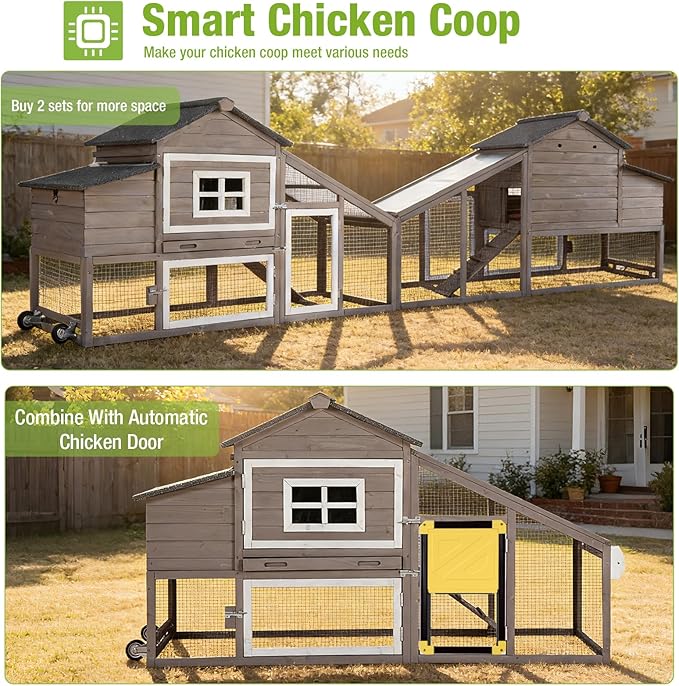 GUTINNEEN Chicken Coop with Wheels, Expandable Hen House Poultry Cage with Run, UV-Protected Roof, Divided Nesting Boxes, Easy One-Person Move, Ideal for 2 Adult Chickens or 4 Bantams, 72.3" L, Brown