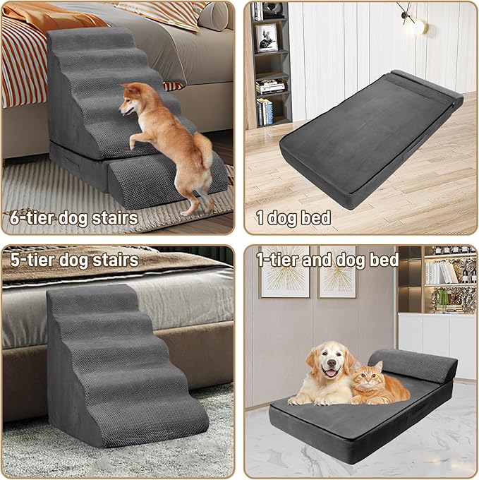 Dog Stairs for High Beds 30-36 inches Tall, 6-Step Pet Stairs/Steps for High Bed 32-36 inches for Small Large Dogs, Foam Dog Steps for Beds for Old Dogs/Cats, Dark Grey